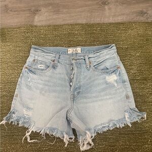 Free People Light Blue Distressed Button-Fly Denim Shorts